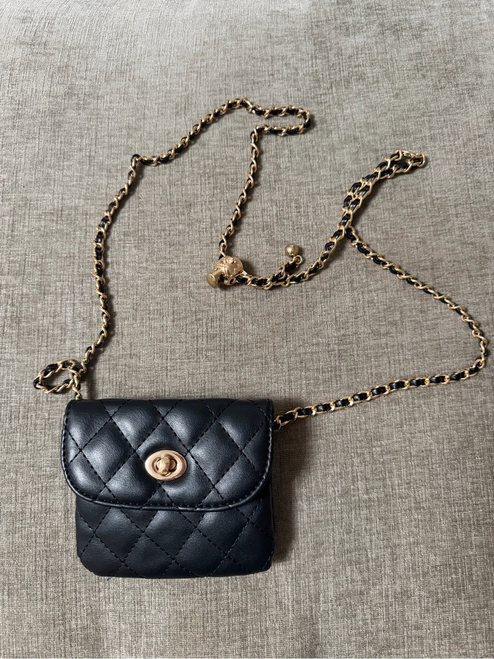 Belt bag Black Leather Mini Crossbody Bag with Gold Chain